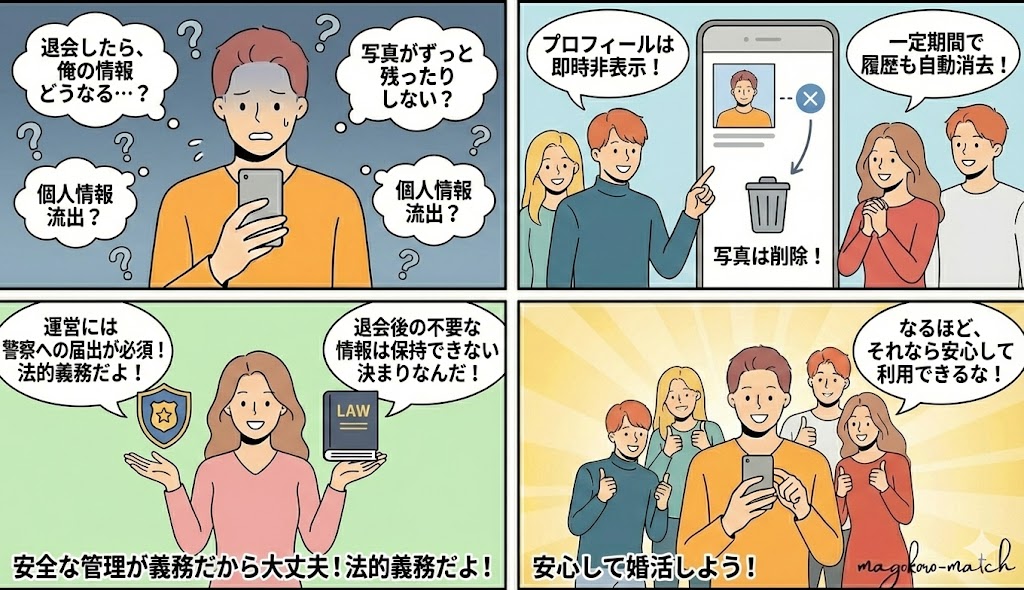 【4コマ漫画】婚活アプリ退会後の個人情報や写真データの扱いに関する不安と、法的な安全管理(警察への届出義務など)による安全性について解説。退会後はプロフィールが即時非表示・削除され、情報は不正に保持されない仕組みを図解(AI生成イメージ)