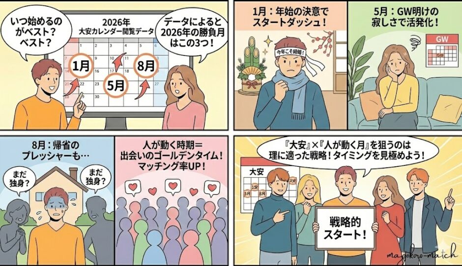 【4コマ漫画】2026年の婚活アプリ利用開始に最適な「1月・5月・8月」のゴールデンタイム。年始の決意、GW明けの寂しさ、お盆の帰省プレッシャーにより新規会員が増え、マッチング率が高まる戦略的な登録タイミングを解説したイラスト（AI生成イメージ）