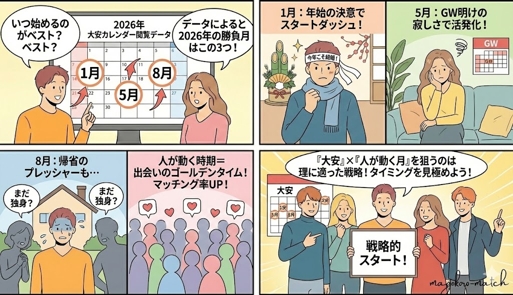 【4コマ漫画】2026年の婚活アプリ利用開始に最適な「1月・5月・8月」のゴールデンタイム。年始の決意、GW明けの寂しさ、お盆の帰省プレッシャーにより新規会員が増え、マッチング率が高まる戦略的な登録タイミングを解説
