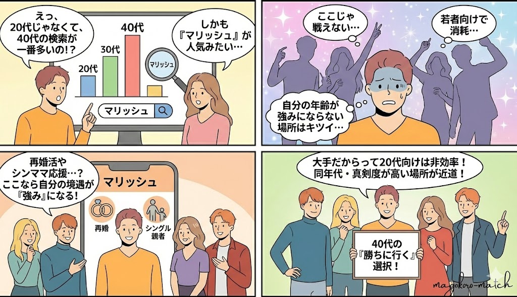 【4コマ漫画】婚活サービス検索データで「40代」が最多。若者向けアプリで消耗せず、再婚やシングル親支援に特化した「マリッシュ」を選ぶことで、自分の年齢や境遇を強みに変える「勝ちに行く」戦略を解説