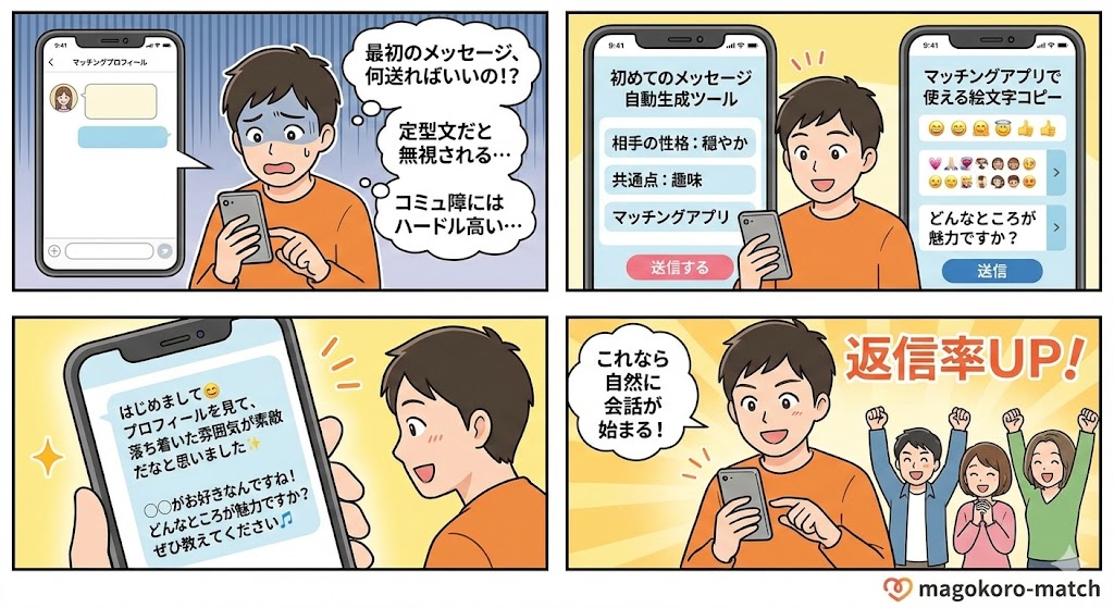【4コマ漫画】婚活アプリで最初のメッセージに悩む初心者が、「初回メッセージ自動生成ツール」と「絵文字コピーツール」を使って解決する様子。相手を肯定しつつ返信しやすい質問文を自動作成し、絵文字で柔らかさを加えて返信率を高める方法を解説