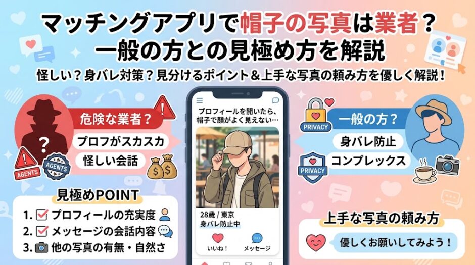 マッチングアプリの帽子の写真が業者かどうかを見分ける方法を解説するアイキャッチ画像（AI生成イメージ）