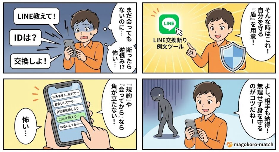 【4コマ漫画】マッチングアプリでしつこくLINE交換を迫られた際、逆恨みを恐れず角を立てずに断る方法。「LINE交換断り例文ツール」を使い、規約や安全性を理由にスマートに拒否し、自分の身を守る手順を解説したイラスト（AI生成イメージ）