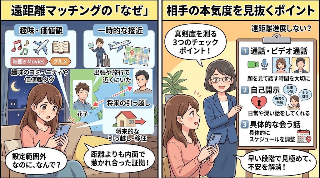 遠距離マッチングの理由と、相手の本気度を見抜くポイントをイラストで解説する2コマ漫画（AI生成イメージ）