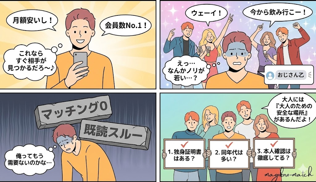 【4コマ漫画】30代・40代が婚活アプリ選びで失敗する典型例。若者向けアプリでマッチングせず疲弊する様子と、正しいアプリの選び方(独身証明書の有無など)を解説したイラスト(AI生成イメージ)