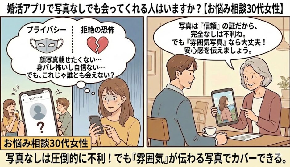 婚活アプリで顔写真を載せずに会えるか不安な30代女性と、雰囲気写真の活用を勧めるカウンセラーの相談イラスト【2コマ漫画アイキャッチ】（AI生成イメージ）