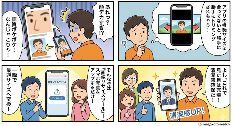 【4コマ漫画】婚活アプリのプロフィール写真が勝手に拡大されたり画質がボケる失敗例と、「画像リサイズツール」での解決法。スマホ写真をアップロードするだけで最適な縦横比に一瞬で変換し、第一印象の清潔感を確保する手順を解説