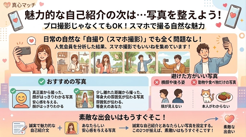 マッチングアプリのプロフィール写真のコツを解説するインフォグラフィック。「プロ撮影じゃなくてもOK」とスマホでの日常自撮りを推奨（AI生成イメージ）