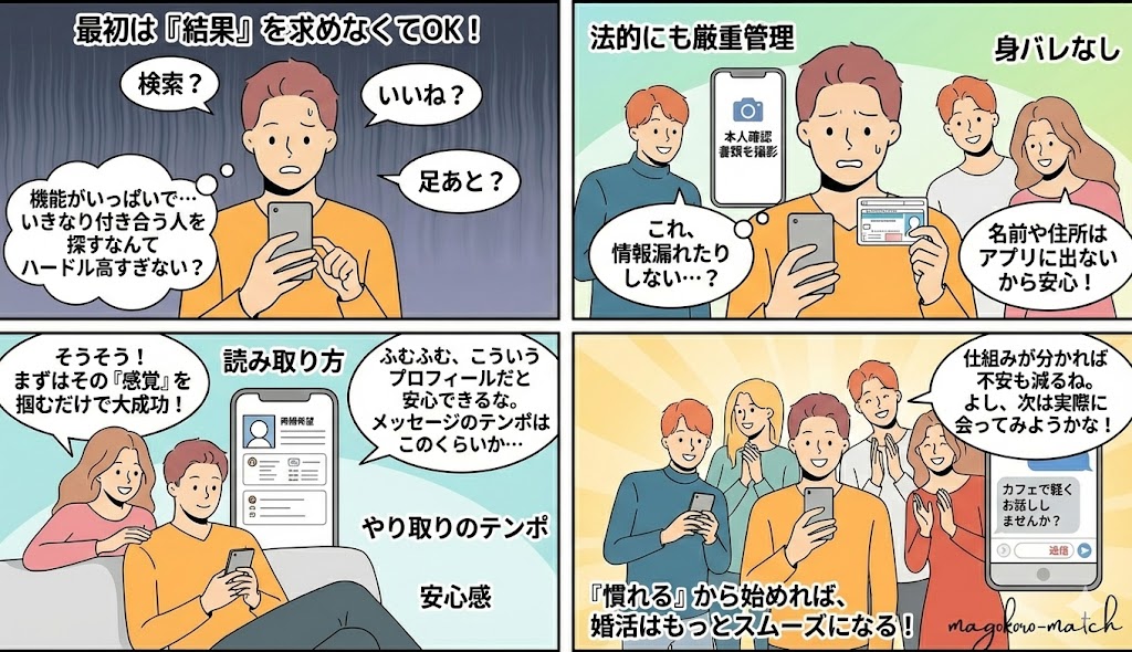 【4コマ漫画】30代・40代が婚活アプリに慣れるまでのステップ。機能の多さや本人確認(運転免許証など)への不安を解消し、プロフィールの見方ややり取りのテンポを掴んで、無理なくデートへ進む流れを解説したイラスト(AI生成イメージ)