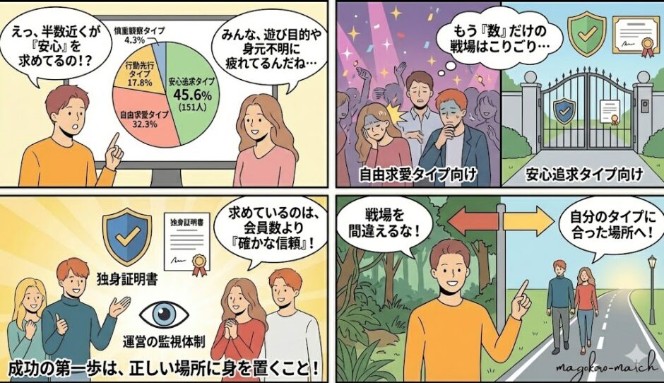 【4コマ漫画】婚活タイプ診断の結果グラフ。回答者の約45%（151人）が「安心追求タイプ」であり、会員数の多さよりも独身証明書の提出や運営の監視体制を重視している現状。自分のタイプに合わないアプリ（戦場）を選ぶリスクと正しい選び方を解説したイラスト（AI生成イメージ）