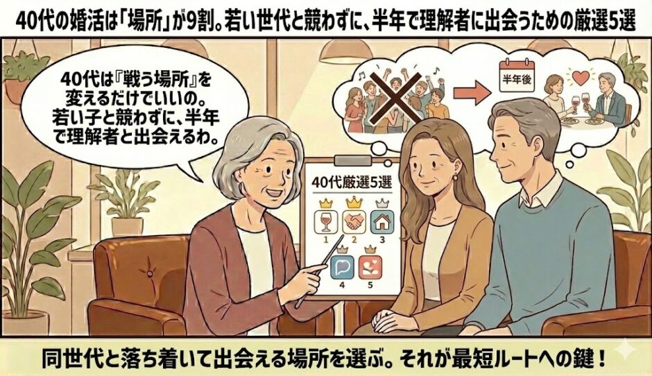 「40代の婚活は『場所』が9割」という見出しと共に、相談員が40代カップルへ、若い世代と競わずに落ち着いて出会えるアプリの選び方と厳選5選を解説しているイラスト【40代向け婚活アプリ比較】（AI生成イメージ）