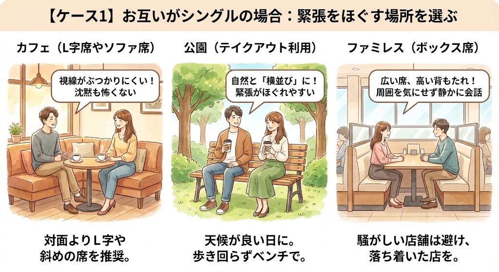 初婚・シングル同士の婚活デートでおすすめの場所3選（カフェのL字席、公園のベンチ、ファミレスのボックス席）を比較した図解。視線がぶつかりにくい席選びや、緊張をほぐすためのポイントをイラストで解説しています。（AI生成イメージ）