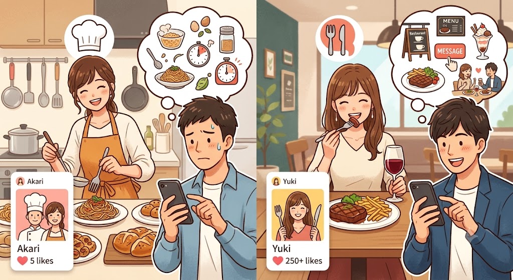 マッチングアプリのプロフィールにおける『料理好き』と『食べるのが好き』のアピールの違いが、相手に与える印象と『いいね』数にどう影響するかを比較したイラスト（AI生成イメージ）