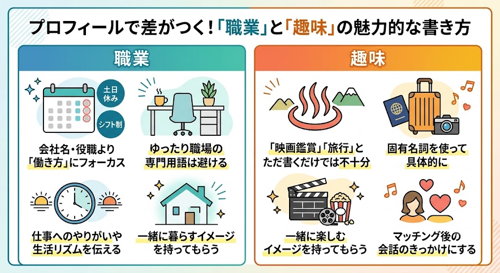 マッチングアプリのプロフィールで差がつく『職業』と『趣味』の魅力的な書き方を解説するイラストインフォグラフィック（AI生成イメージ）