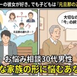 シングルマザーの彼女の子供が元旦那の連れ子だった件で悩む30代男性の相談イラスト【2コマ漫画アイキャッチ】（AI生成イメージ）