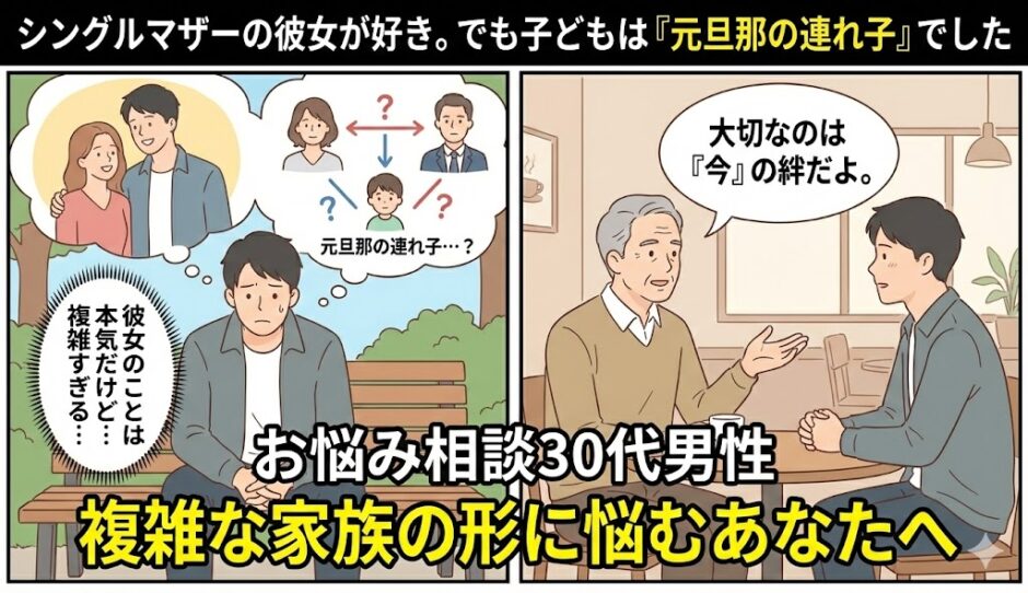 シングルマザーの彼女の子供が元旦那の連れ子だった件で悩む30代男性の相談イラスト【2コマ漫画アイキャッチ】（AI生成イメージ）