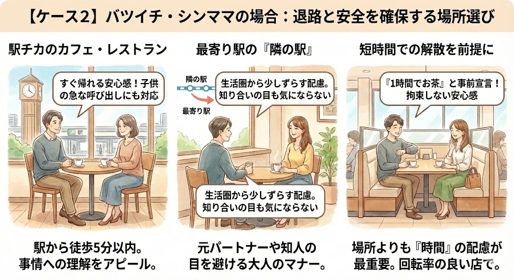 バツイチ・シンママとの婚活デートで、相手の安心と安全を優先した場所選びを解説する図解。「駅チカの店舗」「隣の駅の利用」「短時間での解散」という3つのポイントを、具体的なメリットとともにイラストで紹介しています。（AI生成イメージ）
