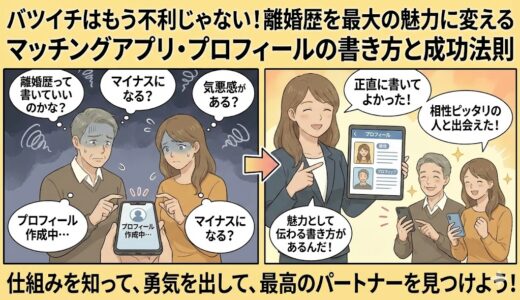 「バツイチはもう不利じゃない！離婚歴を最大の魅力に変えるマッチングアプリ・プロフィールの書き方と成功法則」のアイキャッチ画像（AI生成イメージ）