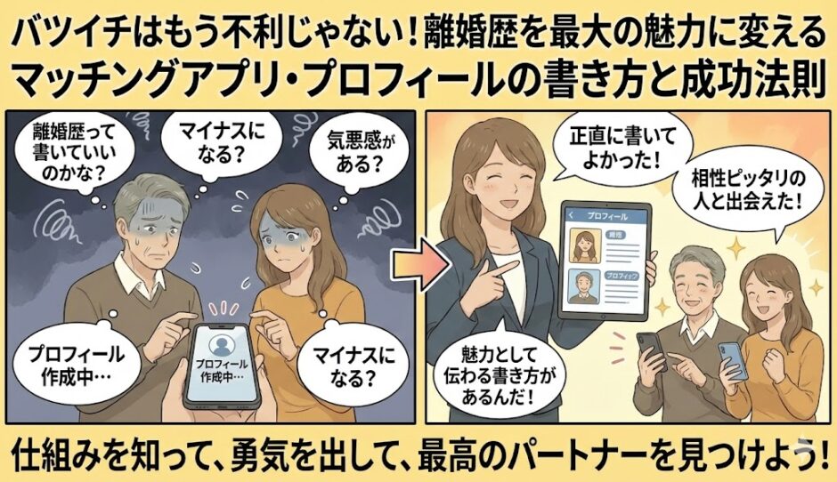 「バツイチはもう不利じゃない！離婚歴を最大の魅力に変えるマッチングアプリ・プロフィールの書き方と成功法則」のアイキャッチ画像（AI生成イメージ）