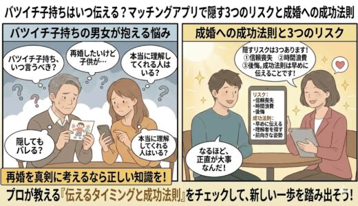 バツイチ子持ちはいつ伝える？マッチングアプリで隠す3つのリスクと成婚への成功法則のアイキャッチ画像。再婚活に悩む男女のイラストと解決策の図解（AI生成イメージ）