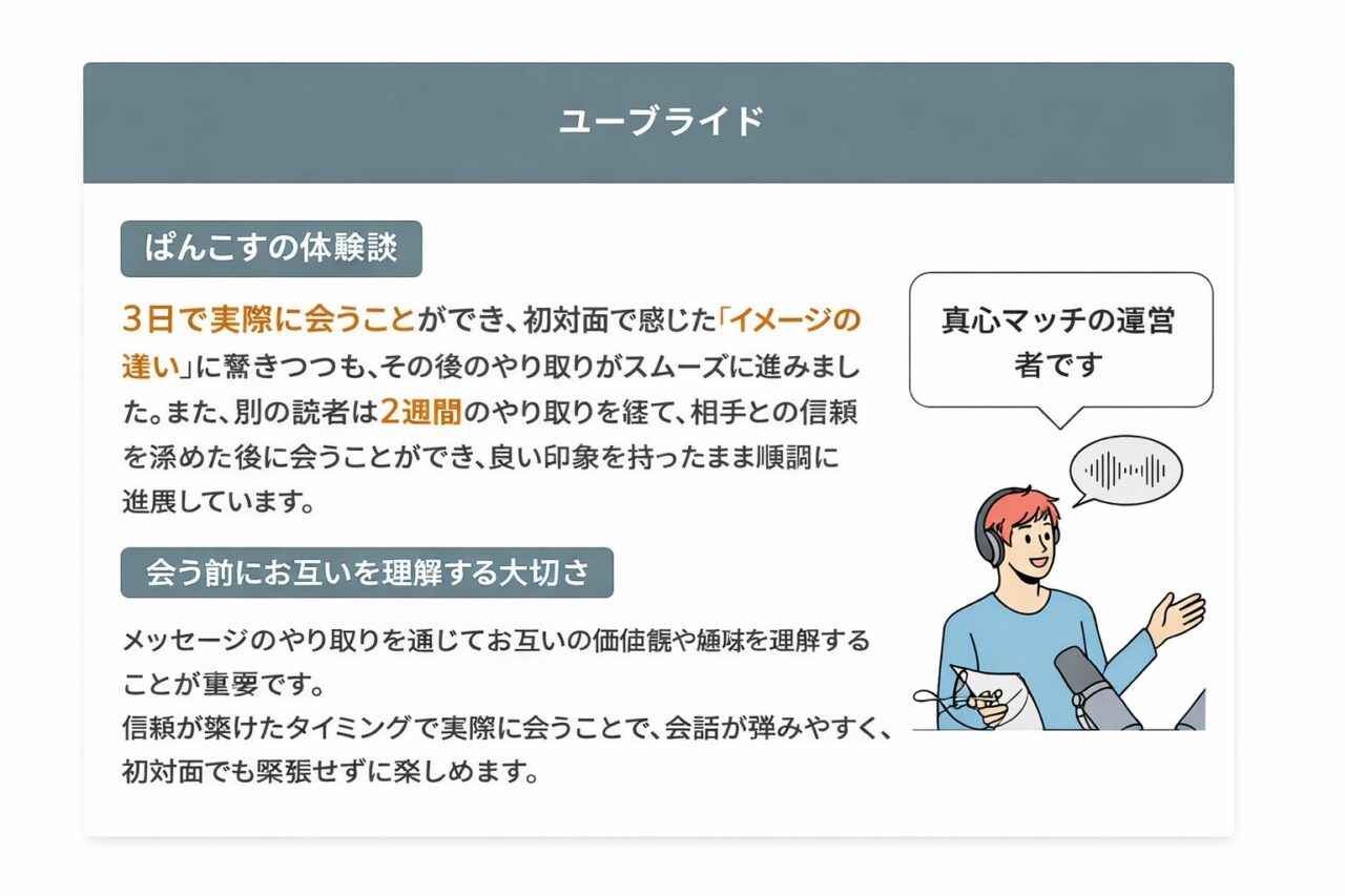 真心マッチ運営者ぱんこすのユーブライド体験談を紹介したイメージ画像