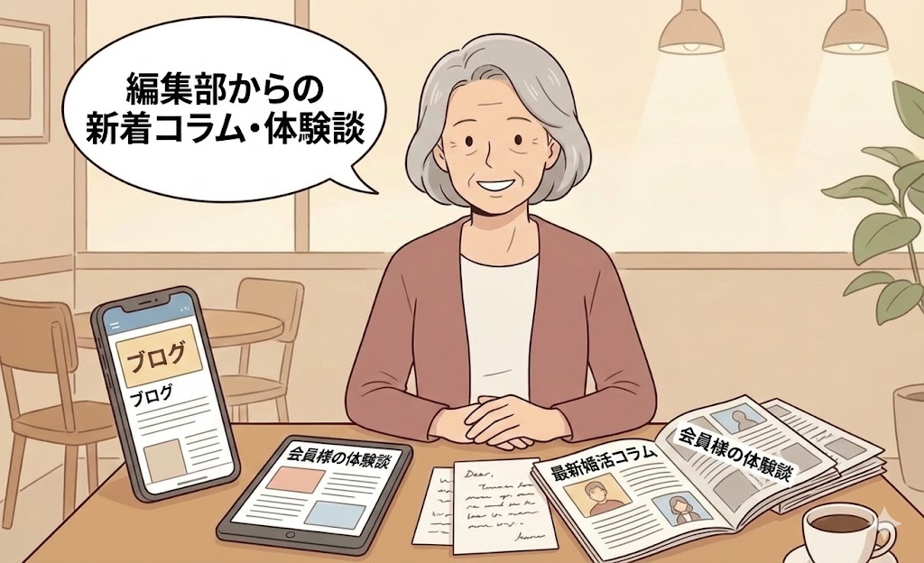 編集部が厳選した最新の婚活コラムと、会員様から届いた成婚体験談や手紙（AI生成イメージ）