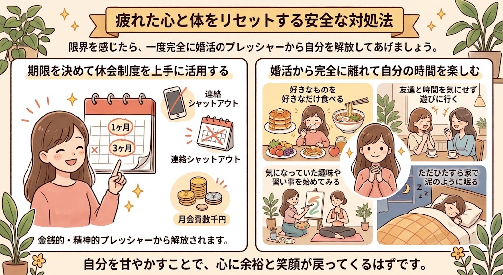 婚活疲れの心と体をリセットする安全な対処法のインフォグラフィック。期限付き休会制度と、好きなことを楽しむリフレッシュ方法の図解（AI生成イメージ）
