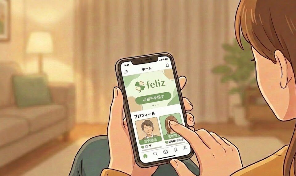 スマホで婚活アプリ「feliz」のプロフィール画面を操作している手元のイラスト（AI生成イメージ）