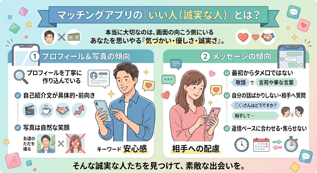 マッチングアプリで誠実な人を見分けるための特徴をまとめたインフォグラフィック(AI生成イメージ)