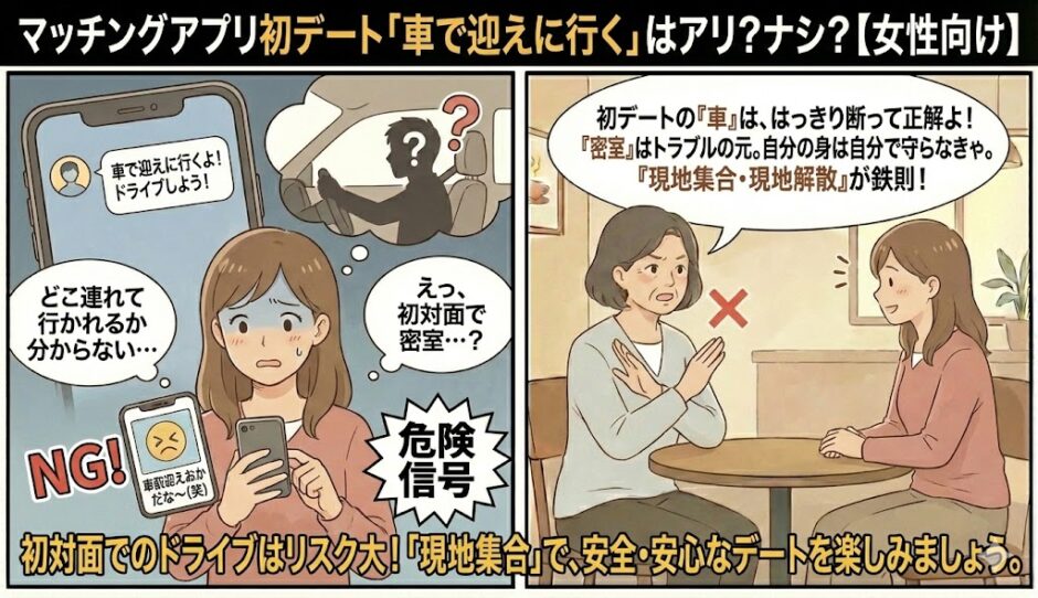 マッチングアプリの初デートで「車で迎えに行く」と誘われ密室の危険性に不安を感じる女性と、トラブル回避のため現地集合・現地解散を徹底するようアドバイスする相談員のイラスト【女性向け防犯ガイド】（AI生成イメージ）
