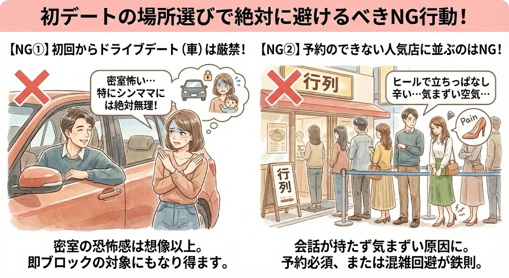 初デートの場所選びで避けるべきNG行動の図解。初回からのドライブデートによる密室の恐怖感や、予約不可の人気店で行列に並ぶことの苦痛（ヒールでの立ちっぱなし、会話の気まずさ）をイラストで比較し、注意喚起しています。（AI生成イメージ）