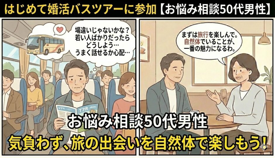 はじめて婚活バスツアーに参加して周囲となじめず不安を感じている50代男性の相談イラスト【2コマ漫画アイキャッチ】（AI生成イメージ）