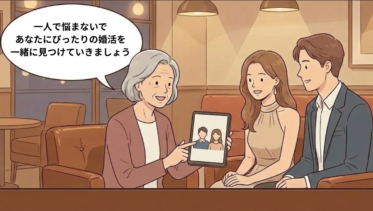 再婚や真剣な出会いをサポートする婚活ガイドをタブレットで解説する女性と男性のイラスト