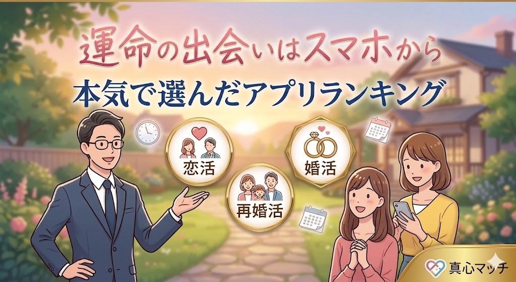 運命の出会いはスマホから 本気で選んだアプリランキング」のキャッチコピーと、スマホでアプリを見る女性たちのイラスト(AI生成イメージ)