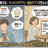 マッチングアプリで独身証明書の取得方法に悩み「役所に行く時間がない」と困る男性と、郵送で簡単に取得でき本気度のアピールになると解説する相談員のイラスト【男性向け独身証明書取得ガイド】（AI生成イメージ）