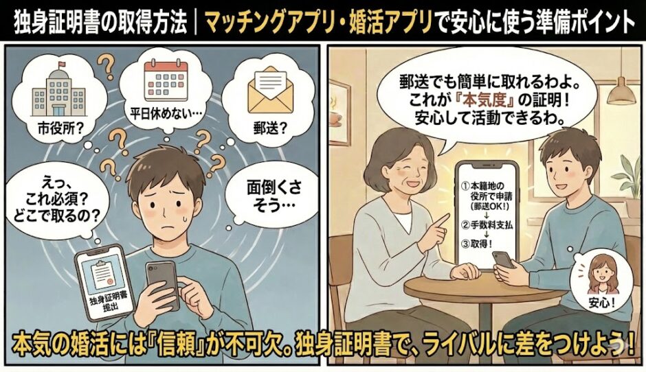 マッチングアプリで独身証明書の取得方法に悩み「役所に行く時間がない」と困る男性と、郵送で簡単に取得でき本気度のアピールになると解説する相談員のイラスト【男性向け独身証明書取得ガイド】（AI生成イメージ）