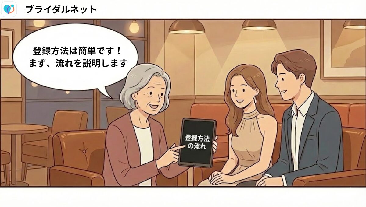 ブライダルネットの登録方法をタブレットで解説する女性のイラスト（AI生成イメージ）