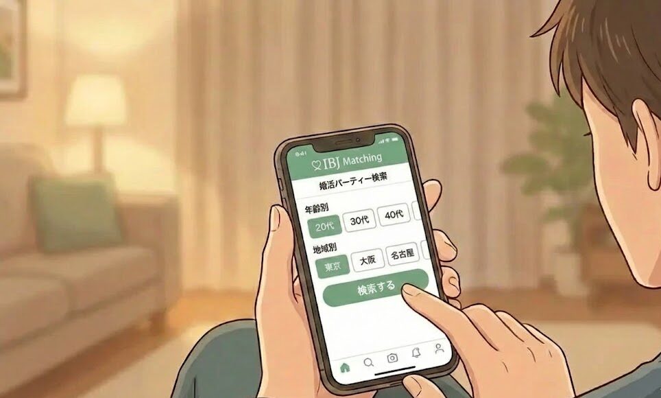 スマホで婚活パーティー「IBJ Matching」のプロフィール画面を操作している手元のイラスト(AI生成イメージ)