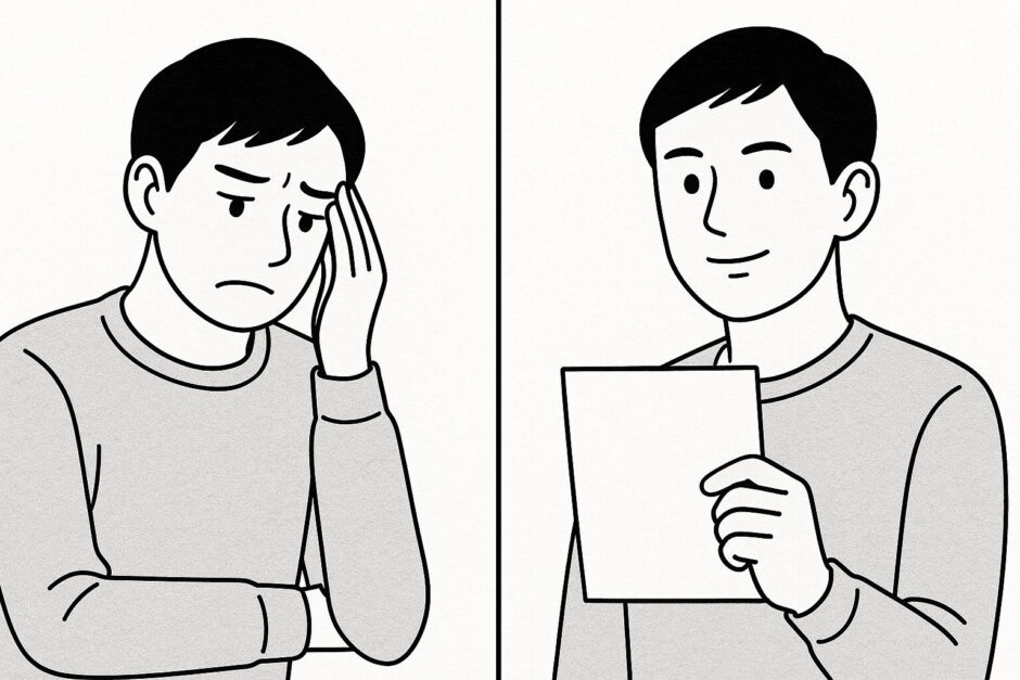 収入証明書をめぐって悩む男性と、書類を手に持ち前向きな表情を見せる男性が描かれた白黒の2コマ線画イラスト