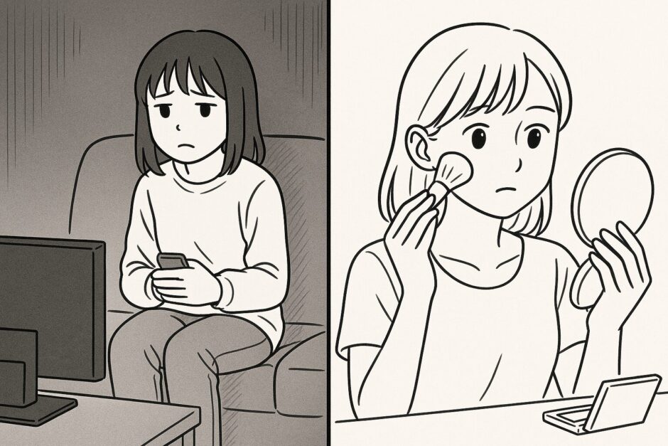 恋に悩んでいる女性の陰と陽を表現した2コマの白黒線画イラスト