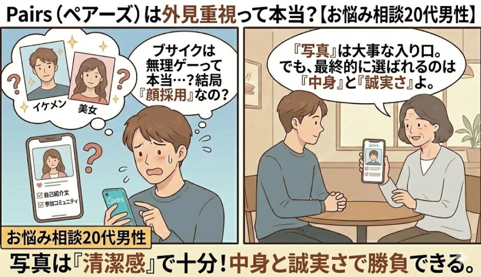 Pairs（ペアーズ）は外見重視でブサイクには無理なのかと悩む20代男性と、清潔感と誠実さの重要性を説く相談員のイラスト【2コマ漫画アイキャッチ】（AI生成イメージ）