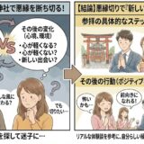 門田稲荷神社での悪縁切りの悩みと解決ステップの図解。左側には「本当に効果がある？」「どう変わる？」と悩む男女、右側には正しい参拝手順と、悪縁を断ち切り新しい自分になって良縁を掴んだ幸せな男女のイラスト。（AI生成イメージ）