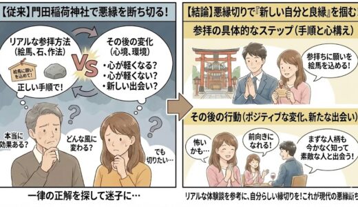 門田稲荷神社での悪縁切りの悩みと解決ステップの図解。左側には「本当に効果がある？」「どう変わる？」と悩む男女、右側には正しい参拝手順と、悪縁を断ち切り新しい自分になって良縁を掴んだ幸せな男女のイラスト。（AI生成イメージ）