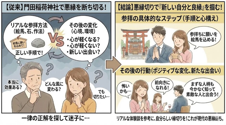 門田稲荷神社での悪縁切りの悩みと解決ステップの図解。左側には「本当に効果がある？」「どう変わる？」と悩む男女、右側には正しい参拝手順と、悪縁を断ち切り新しい自分になって良縁を掴んだ幸せな男女のイラスト。（AI生成イメージ）