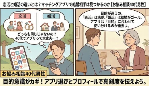恋活と婚活の違いとは？マッチングアプリで結婚相手は見つかるのか【お悩み相談40代男性】