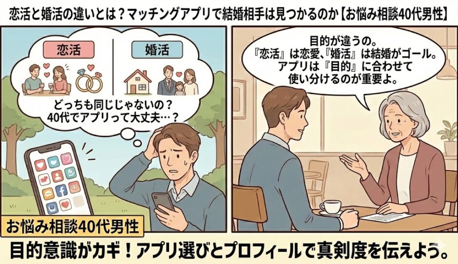 恋活と婚活の違いやマッチングアプリで結婚できるか悩む40代男性の相談イラスト【2コマ漫画アイキャッチ】（AI生成イメージ）