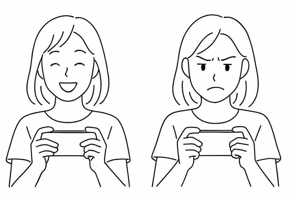 スマホでゲームをして笑顔の女性と、イライラした表情の女性を描いた2コマの横長線画イラスト