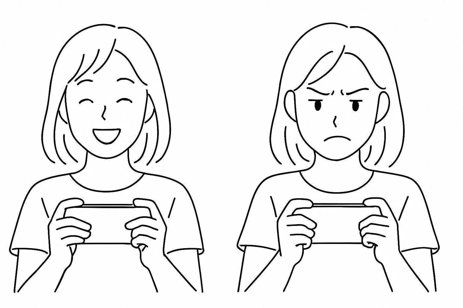 スマホでゲームをして笑顔の女性と、イライラした表情の女性を描いた2コマの横長線画イラスト