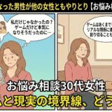 ゲーム恋庭で仲良くなった男性が他の女性ともやりとりしていて悩む30代女性の相談イラスト【2コマ漫画アイキャッチ】（AI生成イメージ）