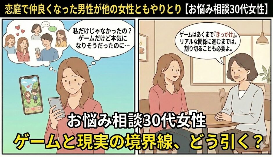 ゲーム恋庭で仲良くなった男性が他の女性ともやりとりしていて悩む30代女性の相談イラスト【2コマ漫画アイキャッチ】（AI生成イメージ）